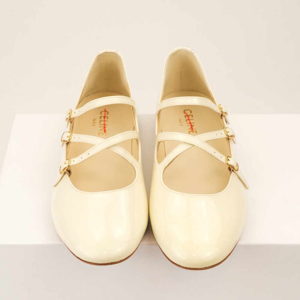 CELINE Criss-Cross Babies Ballerina Flats, Ivory Patent Leather - Picture 4 of 10